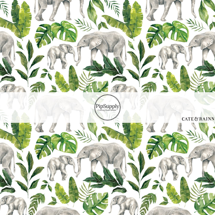 These jungle pattern fabric by the yard features tropical jungle elephant foliage. This fun fabric can be used for all your sewing and crafting needs!