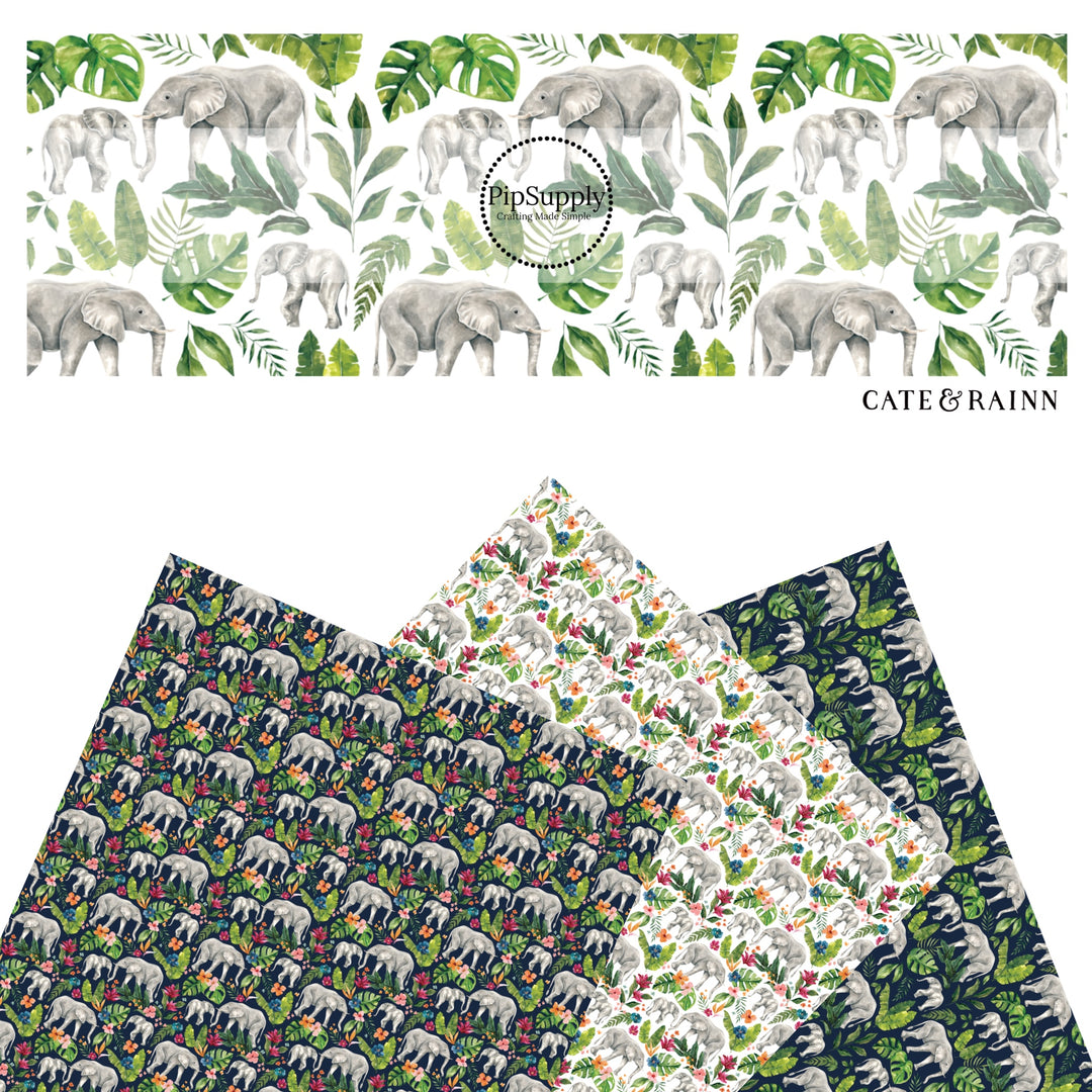 These jungle pattern faux leather sheets contain the following design elements: tropical elephant foliage. Our CPSIA compliant faux leather sheets or rolls can be used for all types of crafting projects.