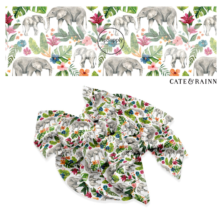 These jungle floral pattern no sew bow strips can be easily tied and attached to a clip for a finished hair bow. These summer patterned bow strips are great for personal use or to sell. These bow strips feature tropical elephant foliage.