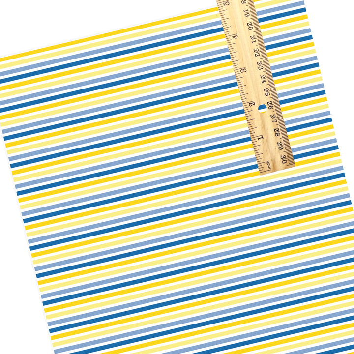 These stripe themed faux leather sheets contain the following design elements: blue and yellow stripe pattern. Our CPSIA compliant faux leather sheets or rolls can be used for all types of crafting projects.