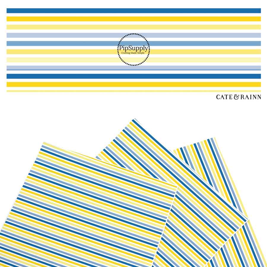 These stripe themed faux leather sheets contain the following design elements: blue and yellow stripe pattern. Our CPSIA compliant faux leather sheets or rolls can be used for all types of crafting projects.