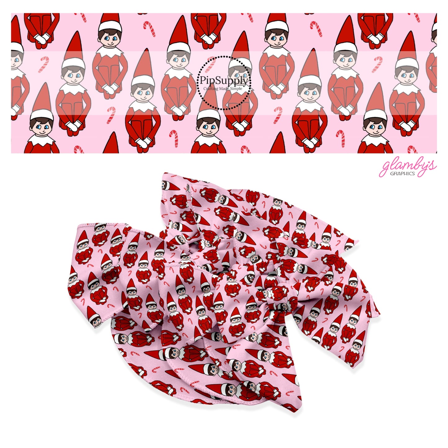 Red candy canes with elf character on pink hair bow strips