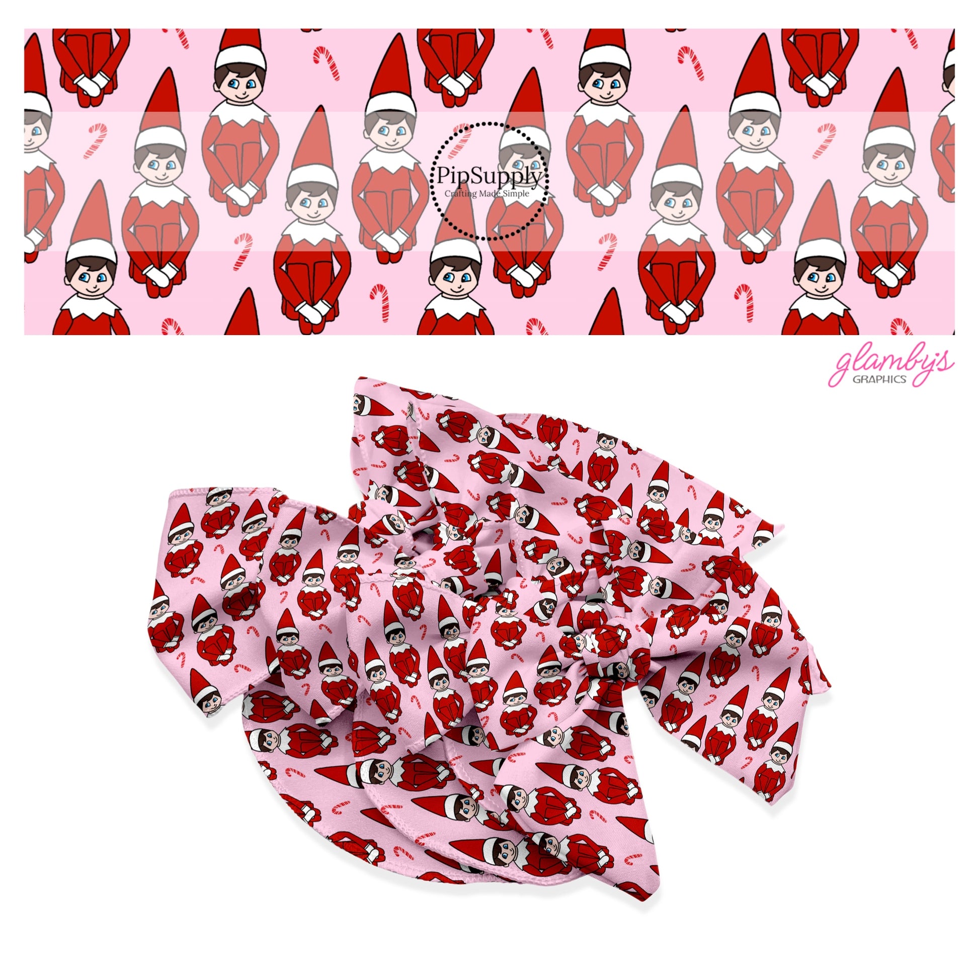 Red candy canes with elf character on pink hair bow strips