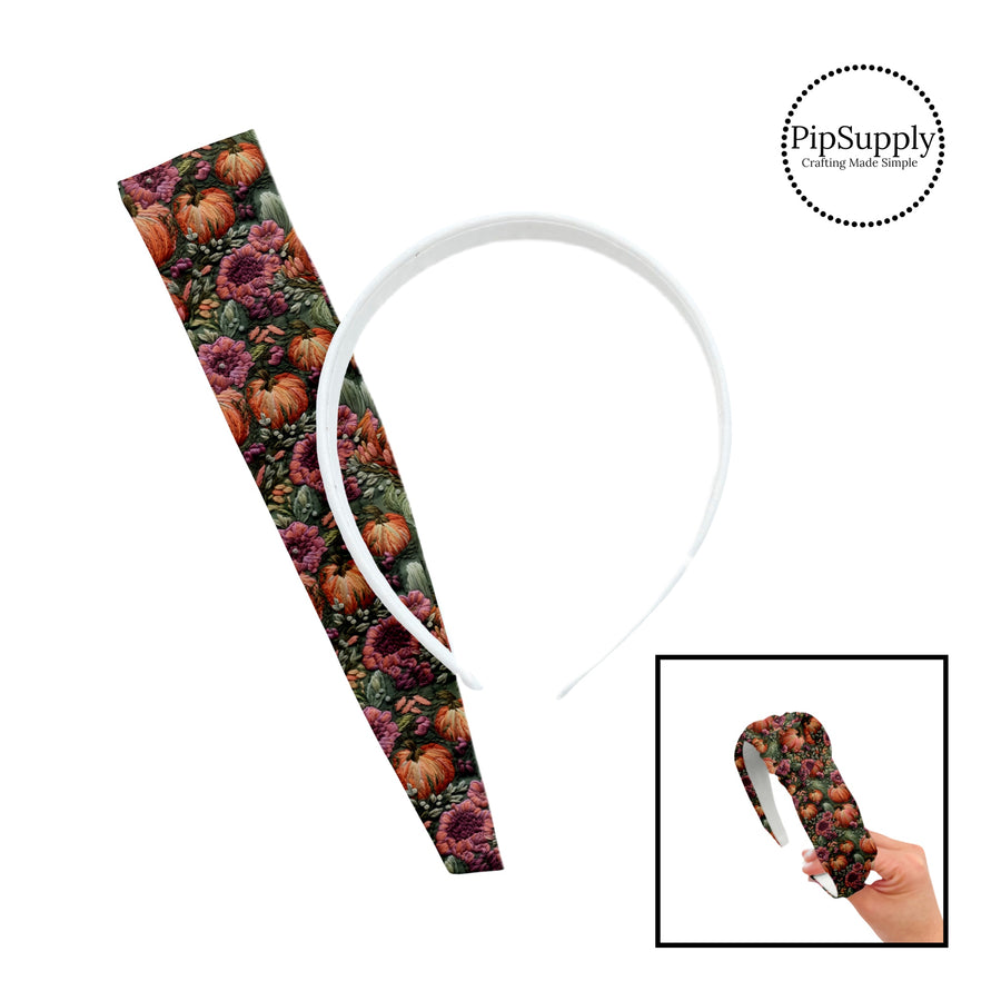 Dark florals and pumpkins embroidered knotted headband kit