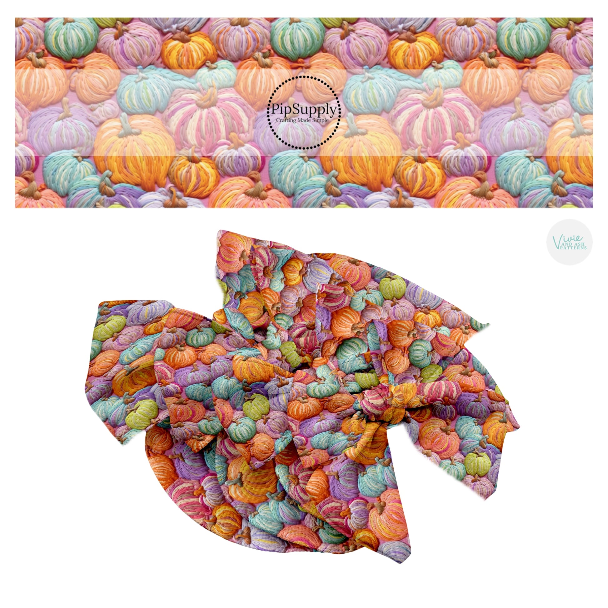 Embroidered bright pumpkins hair bow strips