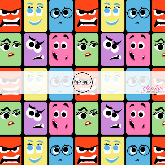 This movie inspired fabric by the yard features the following design: colorful emotions making expressions. This fun themed fabric can be used for all your sewing and crafting needs!