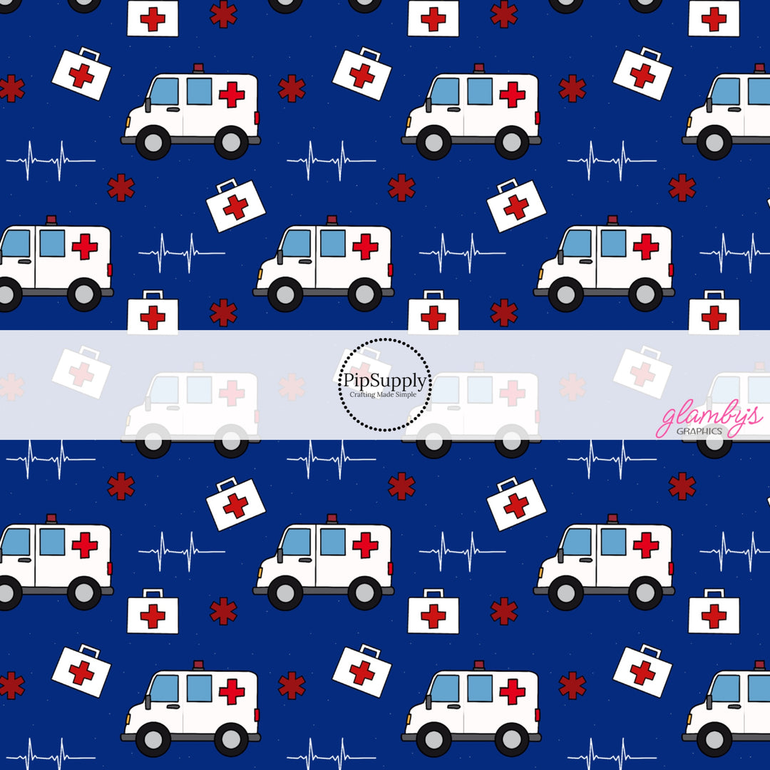 These medical themed fabric by the yard features ambulances and medical symbols. These pattern fabric can be used for all your sewing and crafting needs!