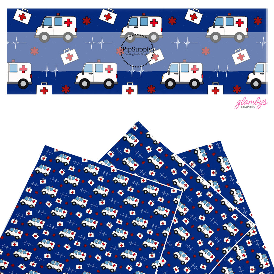 These medical themed faux leather sheets contain the following design elements: ambulances and medical symbols. Our CPSIA compliant faux leather sheets or rolls can be used for all types of crafting projects.