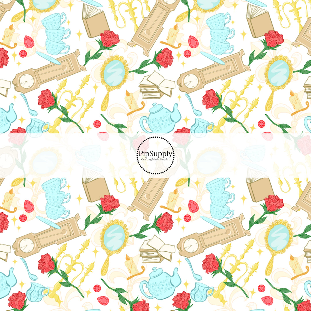 These magical princess themed fabric by the yard features roses, candle sticks, books, and clocks. This fun pattern fabric can be used for all your sewing and crafting needs!