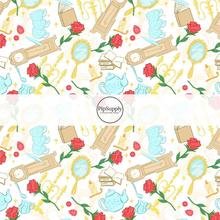 These magical princess themed fabric by the yard features roses, candle sticks, books, and clocks. This fun pattern fabric can be used for all your sewing and crafting needs!