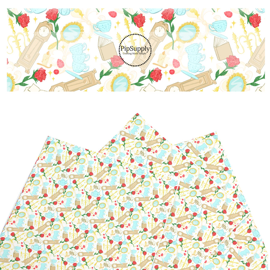 These magical princess themed faux leather sheets contain the following design elements: roses, candle sticks, books, and clocks. Our CPSIA compliant faux leather sheets or rolls can be used for all types of crafting projects.