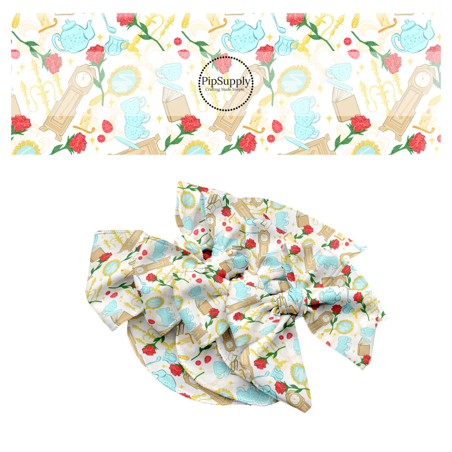 These magical princess themed no sew bow strips can be easily tied and attached to a clip for a finished hair bow. These bow strips are great for personal use or to sell. These bow strips feature the following design elements: roses, candle sticks, books, and clocks.