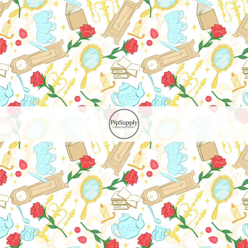 These magical princess themed no sew bow strips can be easily tied and attached to a clip for a finished hair bow. These bow strips are great for personal use or to sell. These bow strips feature the following design elements: roses, candle sticks, books, and clocks.