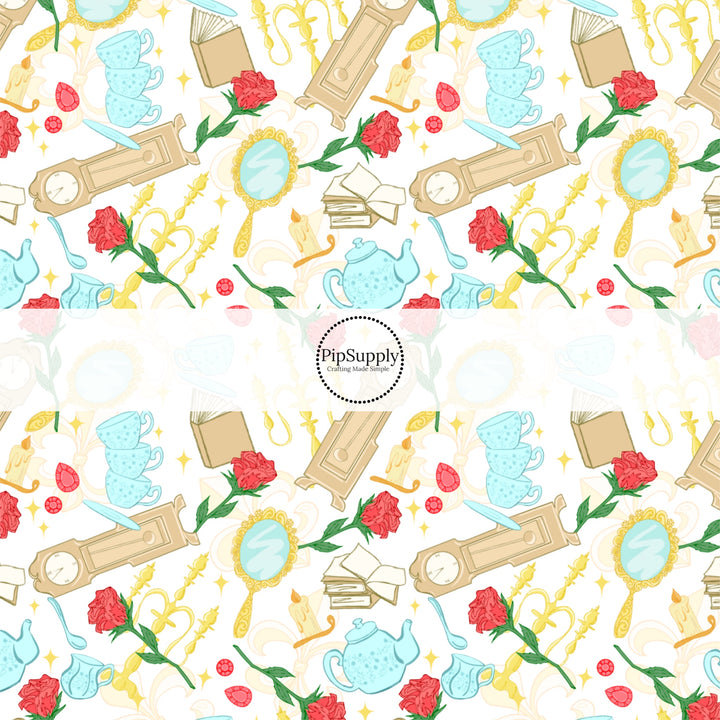 These magical princess themed no sew bow strips can be easily tied and attached to a clip for a finished hair bow. These bow strips are great for personal use or to sell. These bow strips feature the following design elements: roses, candle sticks, books, and clocks.
