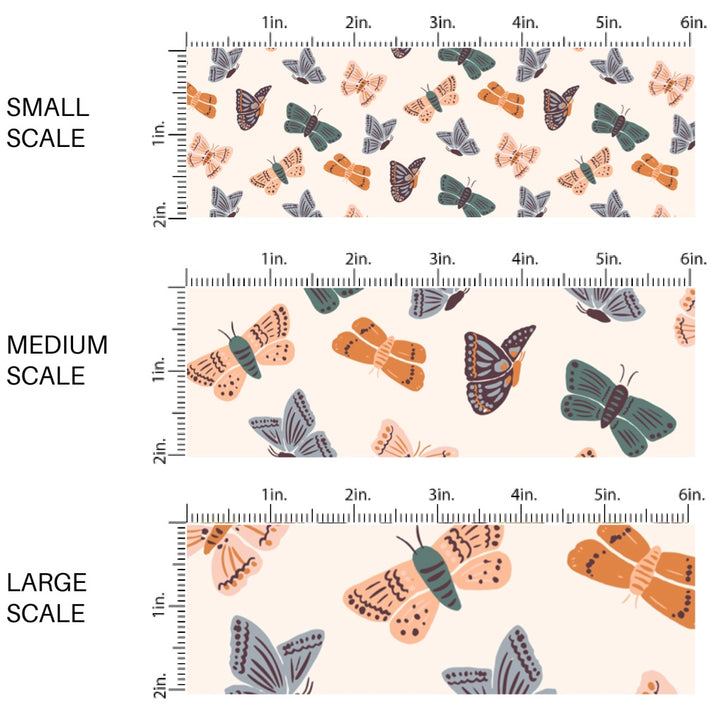 This scale chart of small scale, medium scale, and large scale of this summer fabric by the yard features colorful butterflies on cream. This fun summer themed fabric can be used for all your sewing and crafting needs!