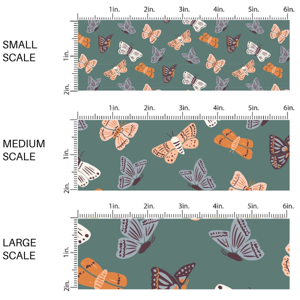 This scale chart of small scale, medium scale, and large scale of this summer fabric by the yard features colorful butterflies on teal. This fun summer themed fabric can be used for all your sewing and crafting needs!