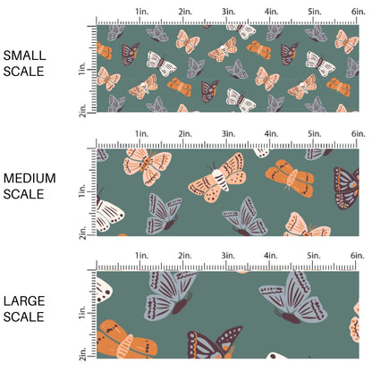 This scale chart of small scale, medium scale, and large scale of this summer fabric by the yard features colorful butterflies on teal. This fun summer themed fabric can be used for all your sewing and crafting needs!