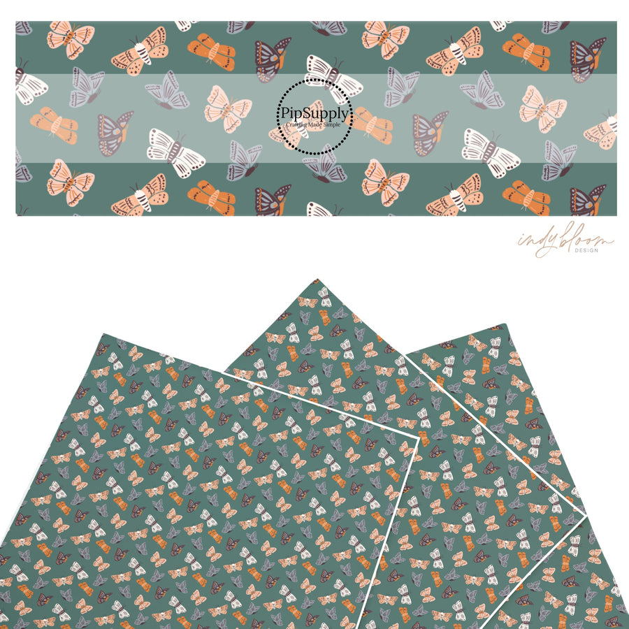 These summer faux leather sheets contain the following design elements: colorful butterflies on teal. Our CPSIA compliant faux leather sheets or rolls can be used for all types of crafting projects.