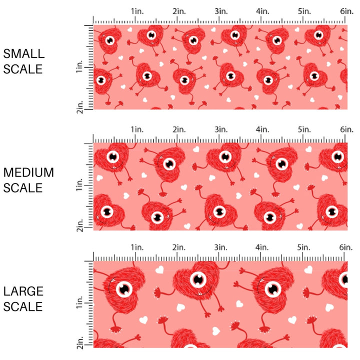 This holiday fabric by the yard features furry heart monsters. This festive pattern fabric can be used for all your sewing and crafting needs!