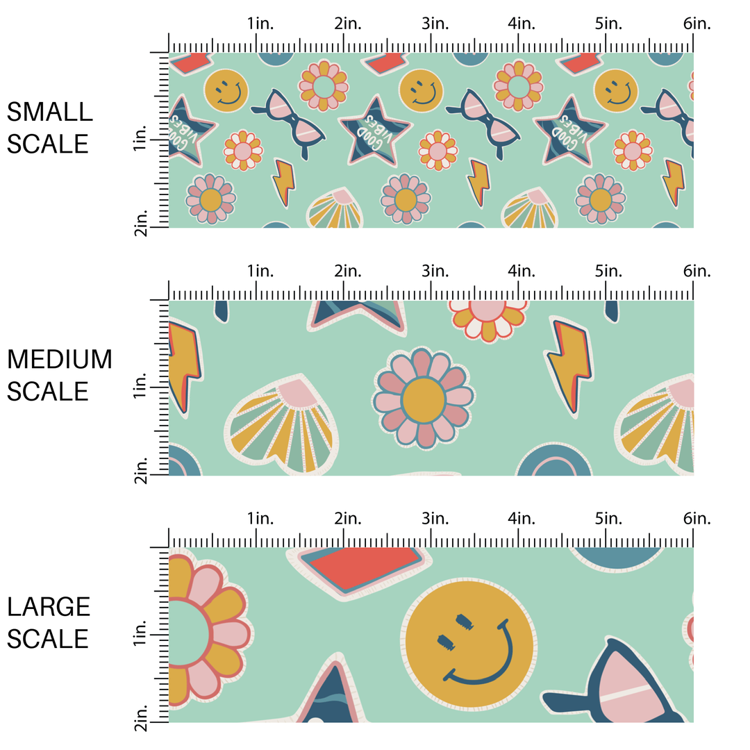 School Stickers on Aqua Fabric By The Yard