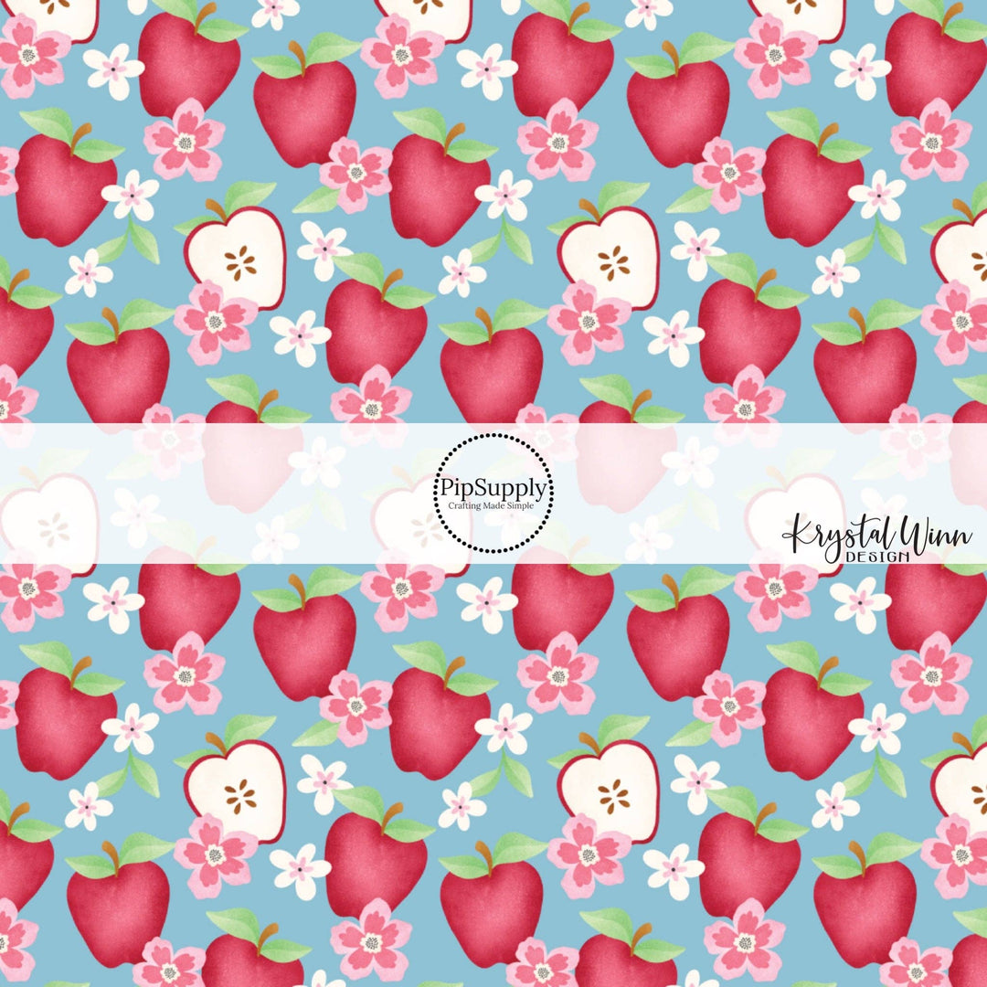 Floral Apples on Baby Blue Hair Bow Strips