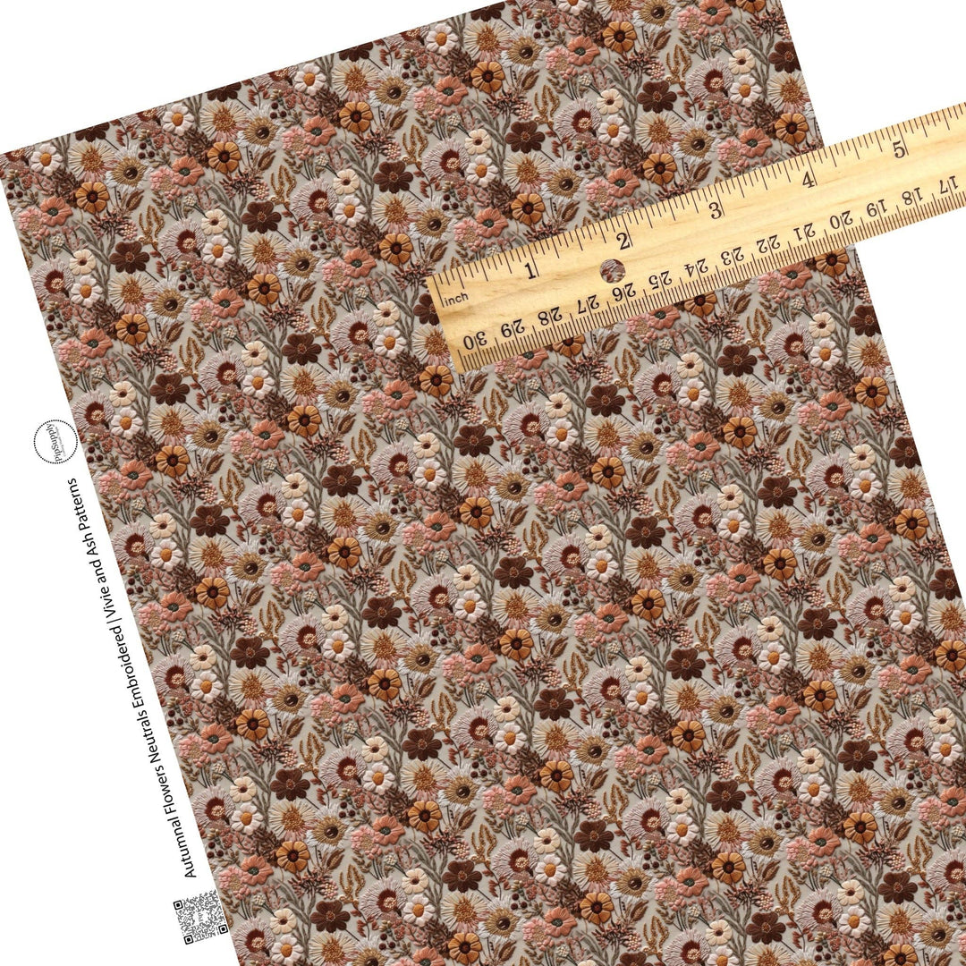 Autumnal Flowers Neutrals Embroidered Faux Leather Sheets