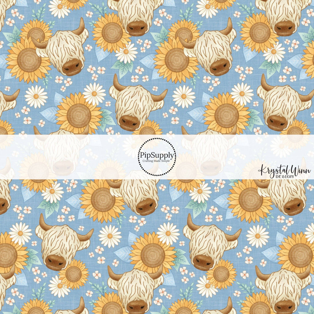 Blue Highland Sunflowers Hair Bow Strips