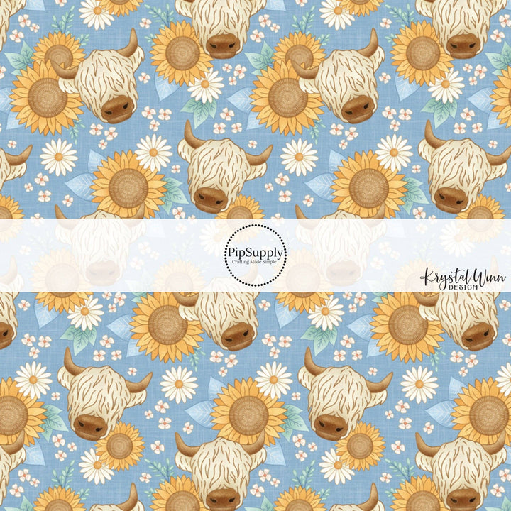 Blue Highland Sunflowers Hair Bow Strips