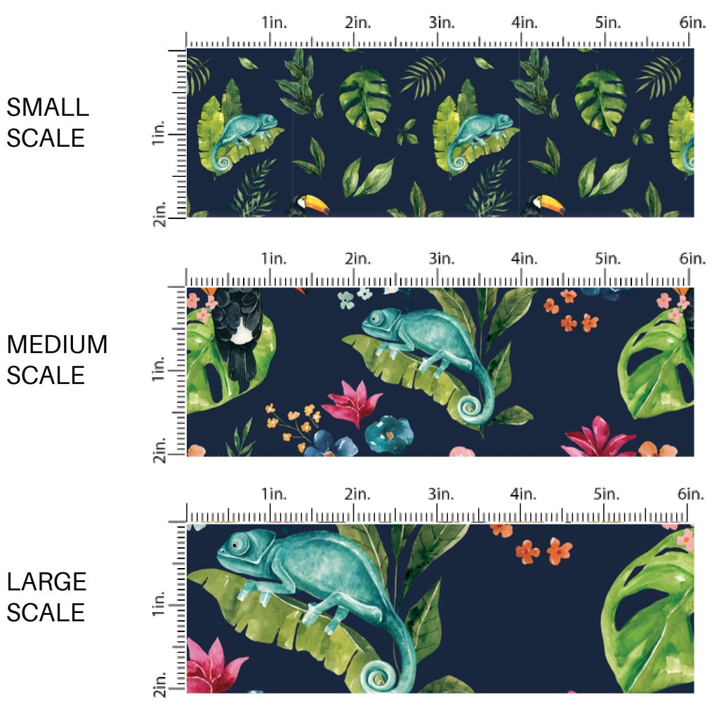 These jungle pattern fabric by the yard features tropical jungle chameleon foliage. This fun fabric can be used for all your sewing and crafting needs!