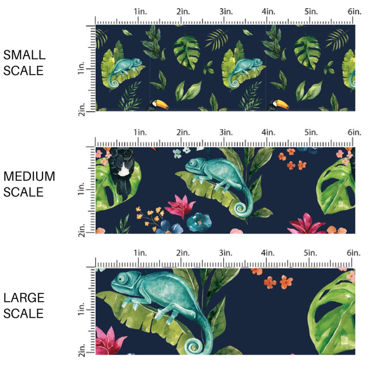 These jungle pattern fabric by the yard features tropical jungle chameleon foliage. This fun fabric can be used for all your sewing and crafting needs!