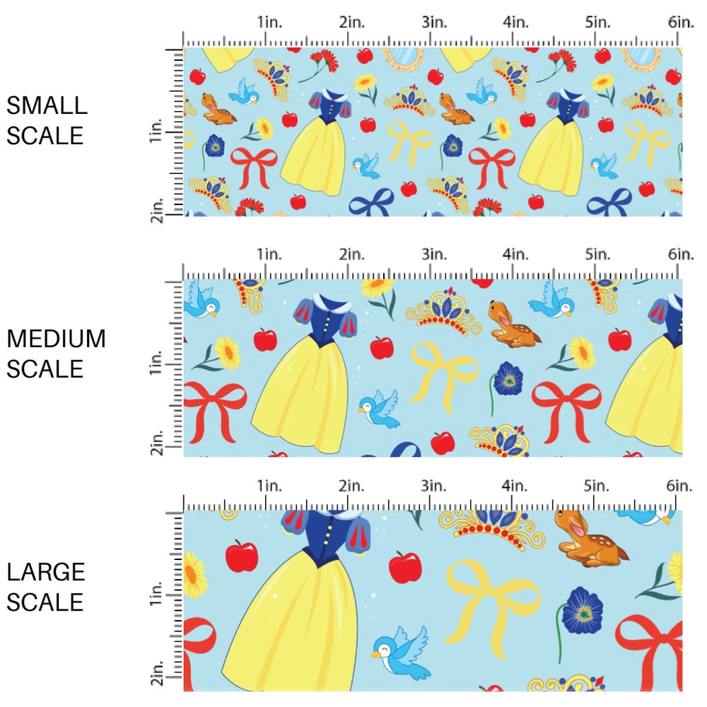 These magical princess themed fabric by the yard features princess dresses, bows, and tiaras on a blue pattern. This fun pattern fabric can be used for all your sewing and crafting needs!