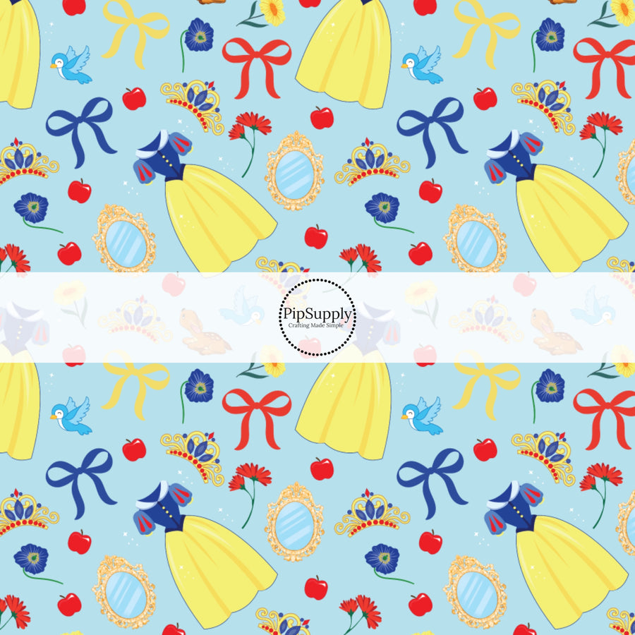 These magical princess themed fabric by the yard features princess dresses, bows, and tiaras on a blue pattern. This fun pattern fabric can be used for all your sewing and crafting needs!