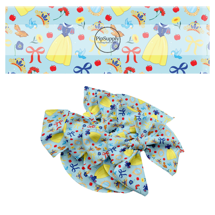 These magical princess themed no sew bow strips can be easily tied and attached to a clip for a finished hair bow. These bow strips are great for personal use or to sell. These bow strips feature the following design elements: princess dresses, bows, and tiaras on a blue pattern.