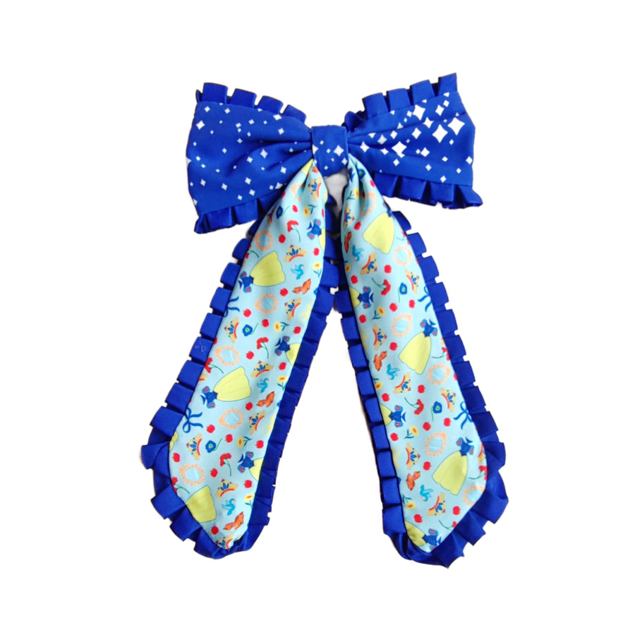 These princess themed ruffled long tail pre-cut tied bows are ready to package and resell to your customers no sewing or measuring necessary! These hair bows come with a clip already attached.
