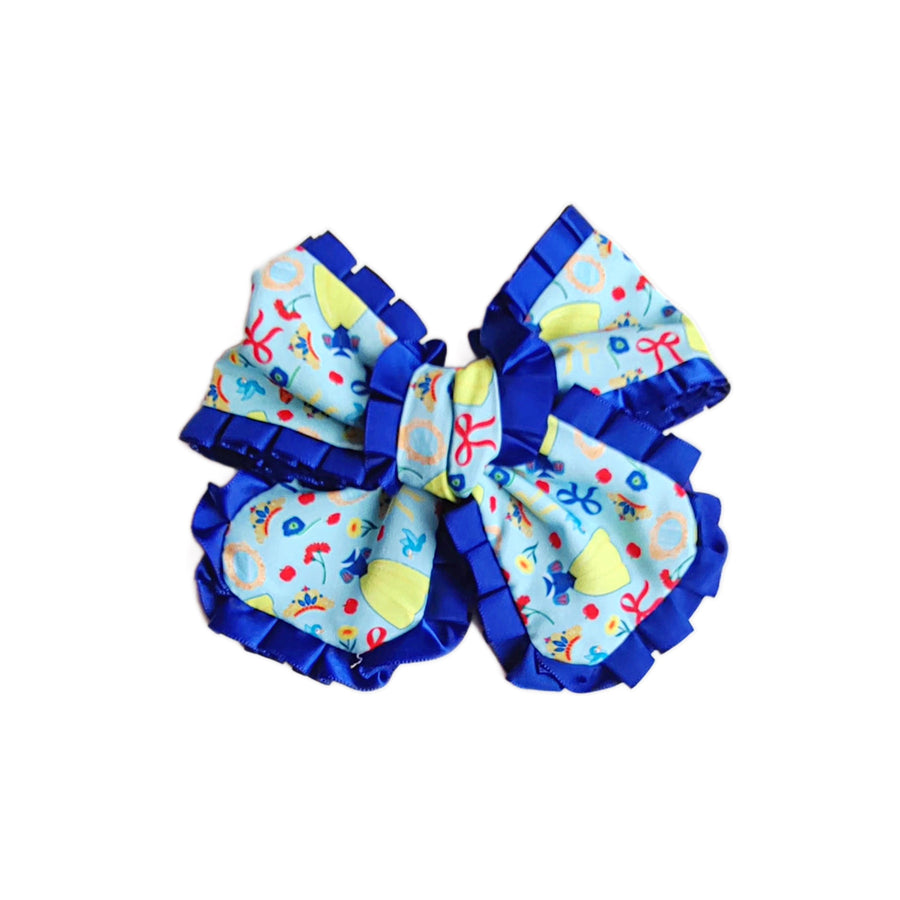 These princess themed ruffled pinwheel pre-cut tied bows are ready to package and resell to your customers no sewing or measuring necessary! These hair bows come with a clip already attached.