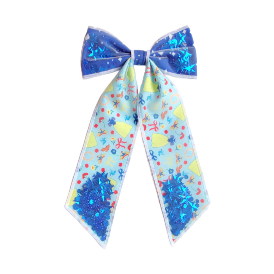 These princess themed long tail shaker pre-cut tied bows are ready to package and resell to your customers no sewing or measuring necessary! These hair bows come with a clip already attached. The shaker bows come pre-filled with a pattern mix.