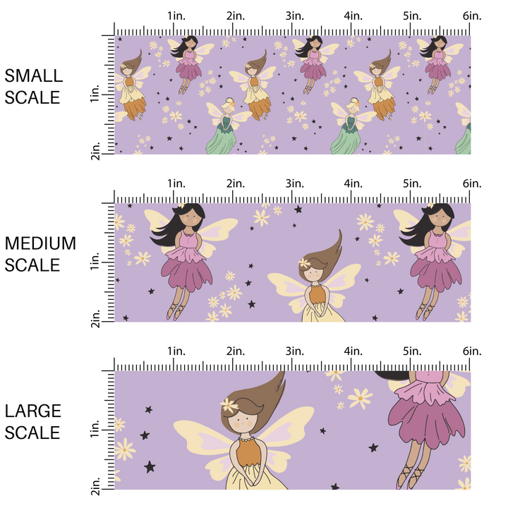 This scale chart of small scale, medium scale, and large scale of these enchanted fairies themed light purple fabric by the yard features small stars, cream daisies, and fairies. 