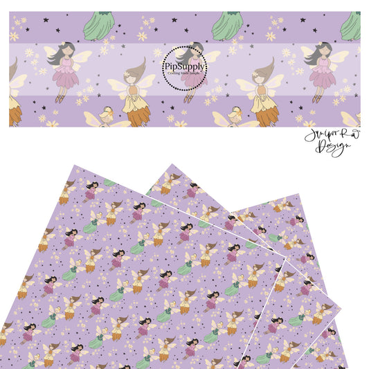 These enchanted fairies themed light purple faux leather sheets contain the following design elements: small stars, cream daisies, and fairies. 