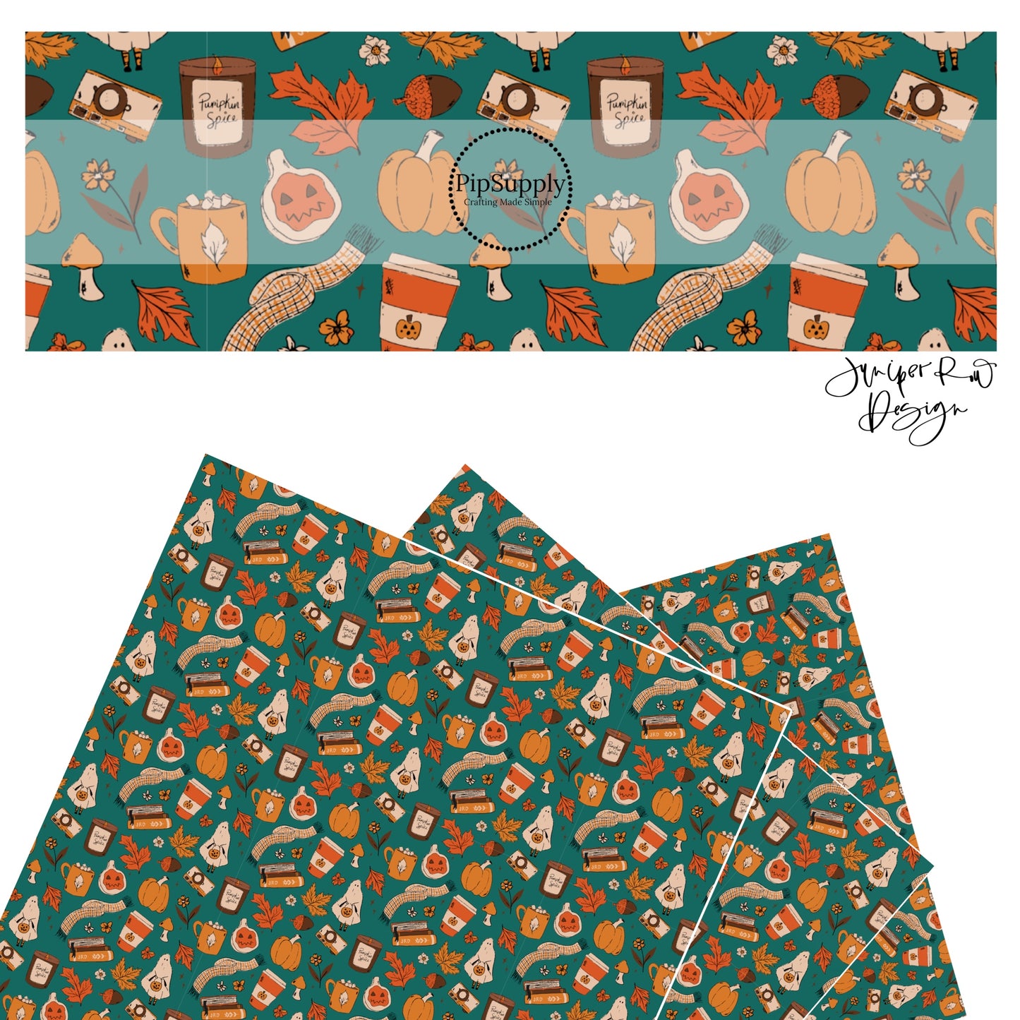 Scarfs, pumpkins, ghosts, flowers, leaves, books, and coffee on turquoise faux leather sheets