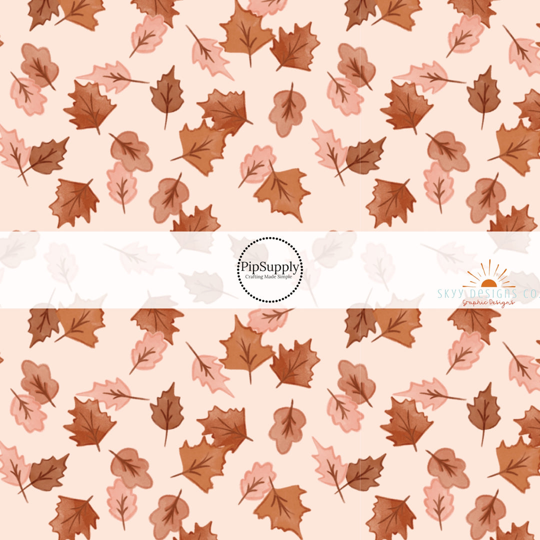 These autumn themed pattern fabric by the yard features the following design elements: fall leaves. This fun themed fabric can be used for all your sewing and crafting needs!