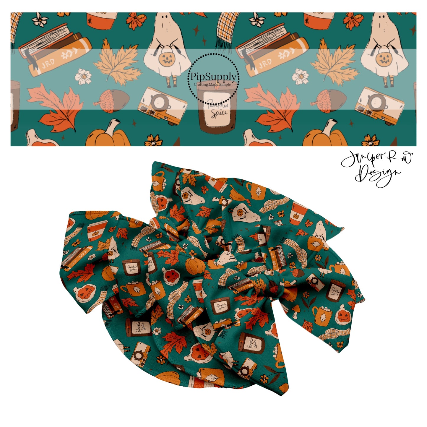 Leaves, ghosts, pumpkins, books, candles, and scarfs on turquoise hair bow strips