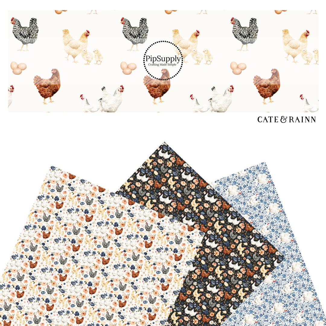 These spring and summer pattern faux leather sheets contain the following design elements: farm and meadow chickens. Our CPSIA compliant faux leather sheets or rolls can be used for all types of crafting projects.