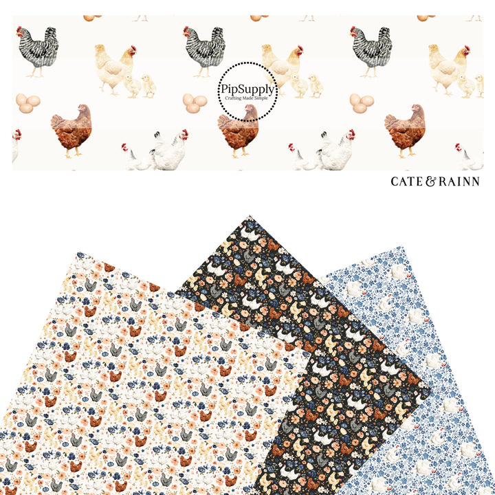 These spring and summer pattern faux leather sheets contain the following design elements: farm and meadow chickens. Our CPSIA compliant faux leather sheets or rolls can be used for all types of crafting projects.