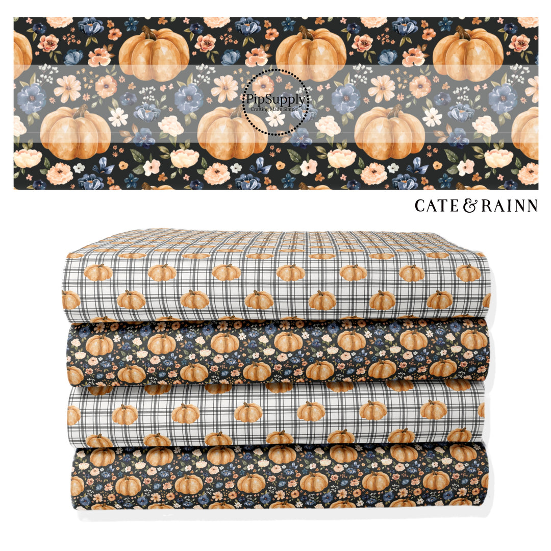 These summer pattern fabric by the yard features farm and meadow country pumpkins. This fun fabric can be used for all your sewing and crafting needs!