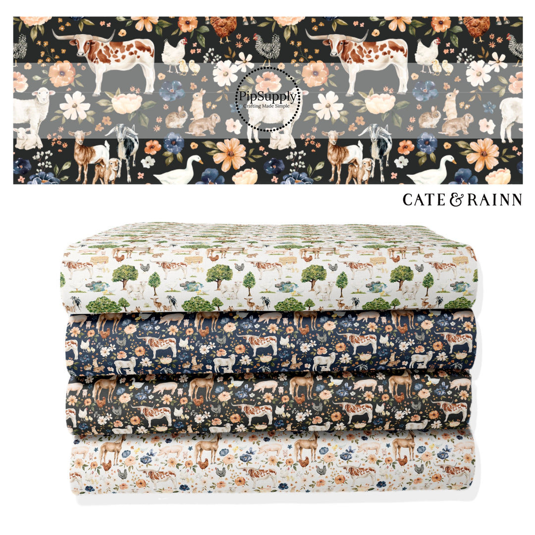 These spring and summer pattern fabric by the yard features farm and meadow animals. This fun fabric can be used for all your sewing and crafting needs!