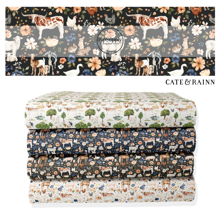 These spring and summer pattern fabric by the yard features farm and meadow animals. This fun fabric can be used for all your sewing and crafting needs!