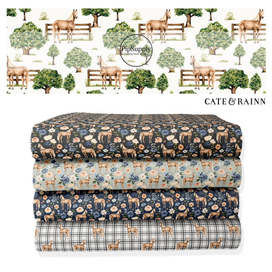 These spring and summer pattern fabric by the yard features farm and meadow horses. This fun fabric can be used for all your sewing and crafting needs!