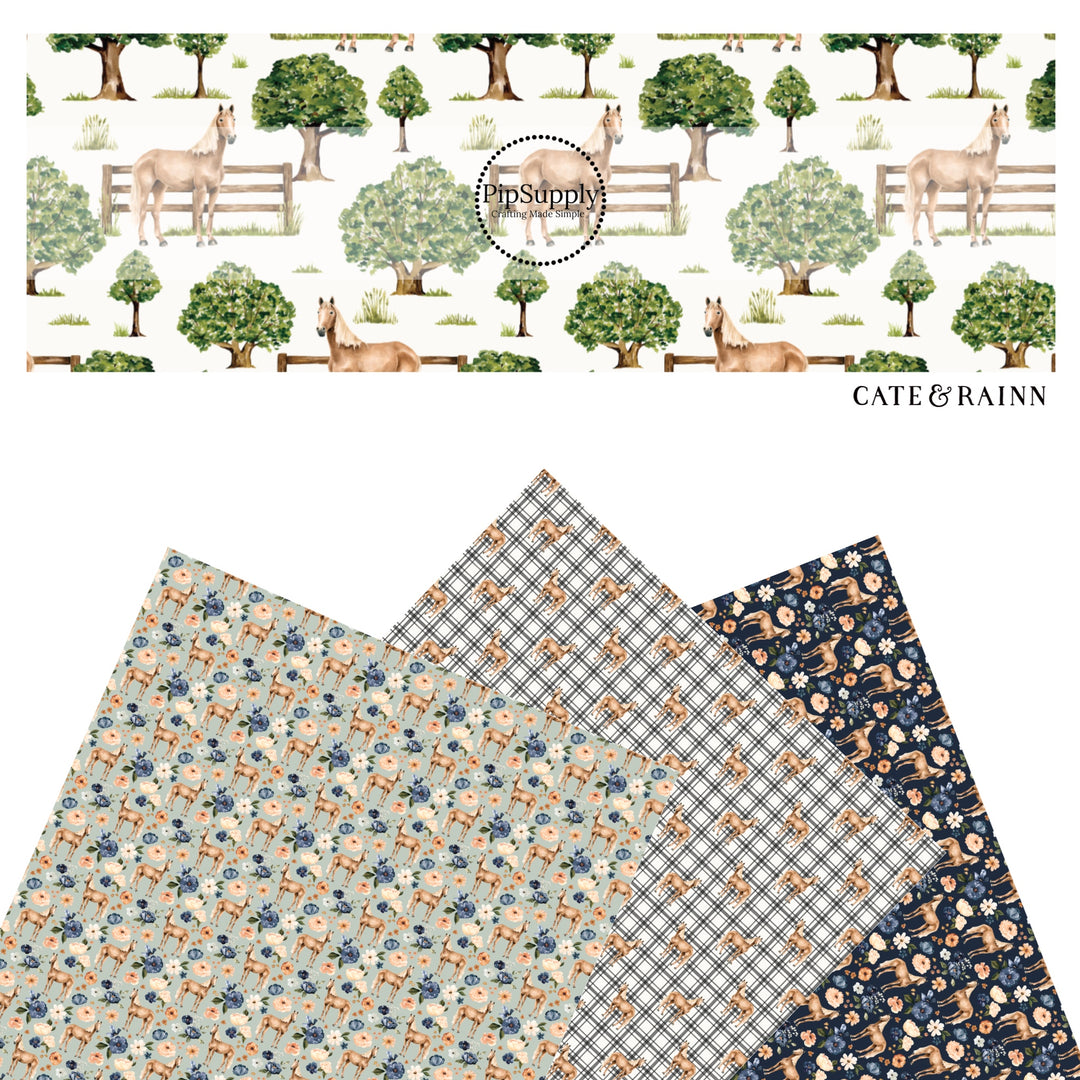 These spring and summer pattern faux leather sheets contain the following design elements: farm and meadow horses. Our CPSIA compliant faux leather sheets or rolls can be used for all types of crafting projects.