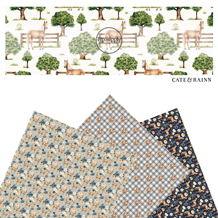 These spring and summer pattern faux leather sheets contain the following design elements: farm and meadow horses. Our CPSIA compliant faux leather sheets or rolls can be used for all types of crafting projects.