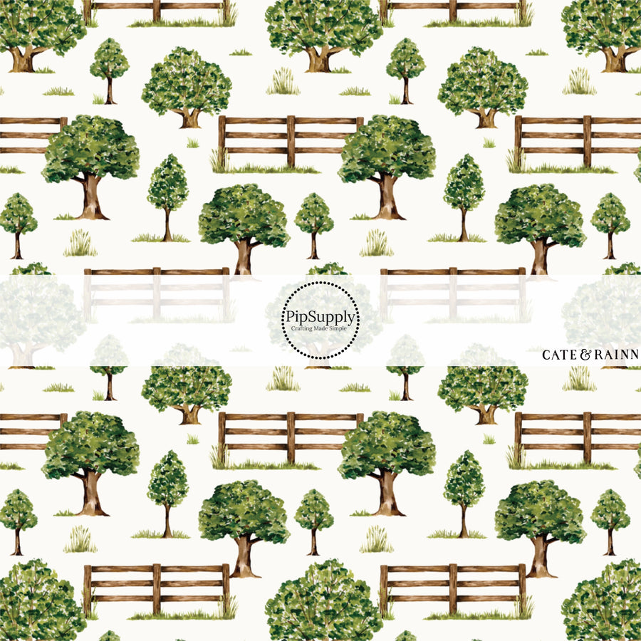 These spring and summer pattern faux leather sheets contain the following design elements: farm and meadow country side with trees and fences. Our CPSIA compliant faux leather sheets or rolls can be used for all types of crafting projects.